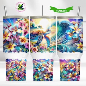 Tumbler wrap tartaruga marina da 40 once, modello per sublimazione oceano da 40 once, tumbler wrap floreale spiaggia estate tropicale da 40 once