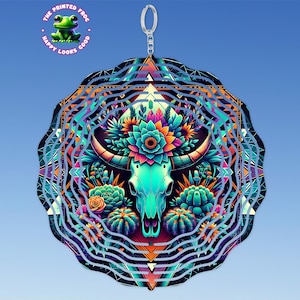 Bloemen stier schedel wind spinner, digitale PNG-kunst voor sublimatie, westers decor, boho-kunstwerk, zuidwestelijk ontwerp, levendige kleuren
