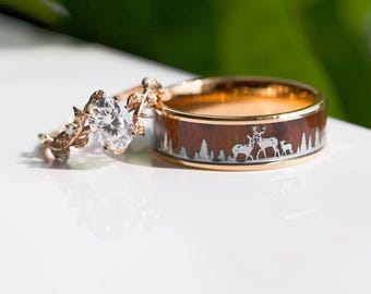 Unique Tungsten antler wood ring men and twig rose gold plated 925 silver ring women/Nature-inspired wedding set/Couple set his and hers