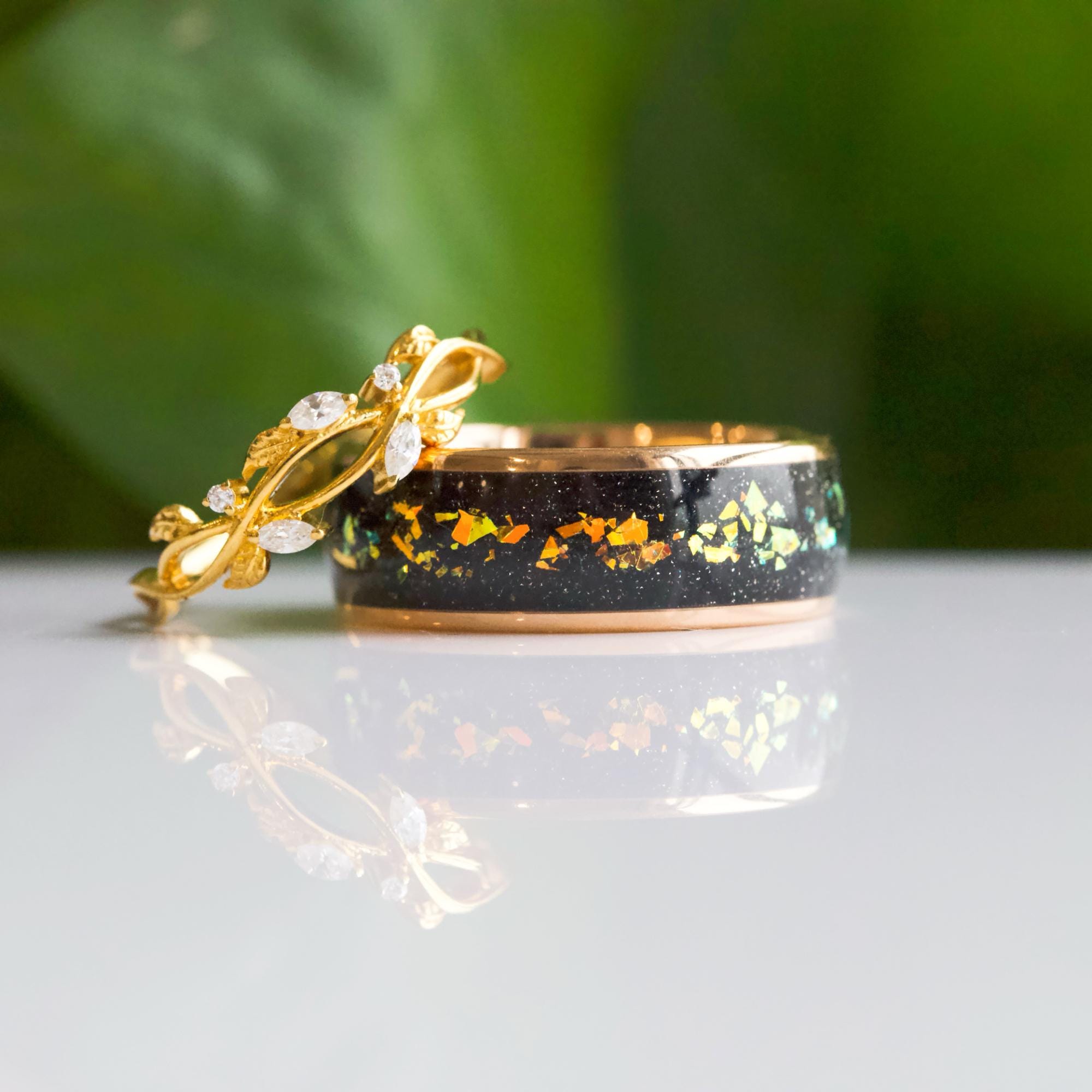 Moissanite Twig Ring Set: Gold Tungsten Band, Gold Filled Silver