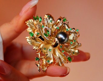Natural Tahitian Black Pearl Peony Flower Brooch in Gold Plated Silver unique gift for her/handmade mother&#39;s day gift Elegant Blossom Luxury
