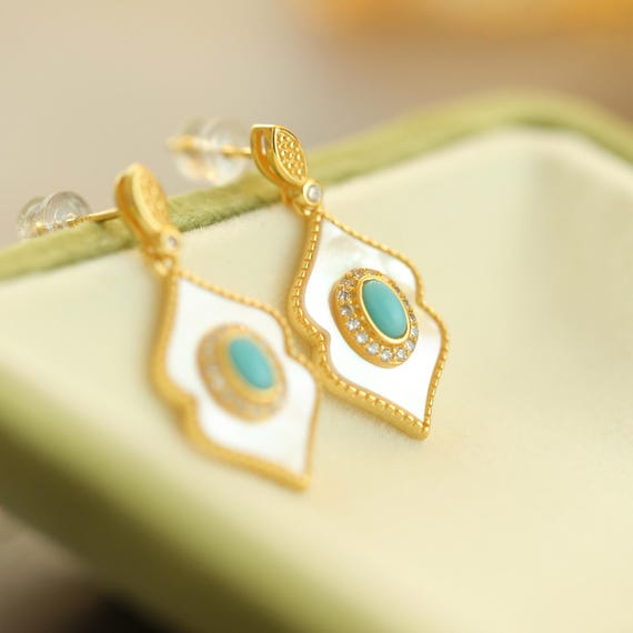 Boucles D'Oreilles En Argent 925 Avec Camées Nacre, Turquoise Et Perles - Neuves Avec Étiquettes
