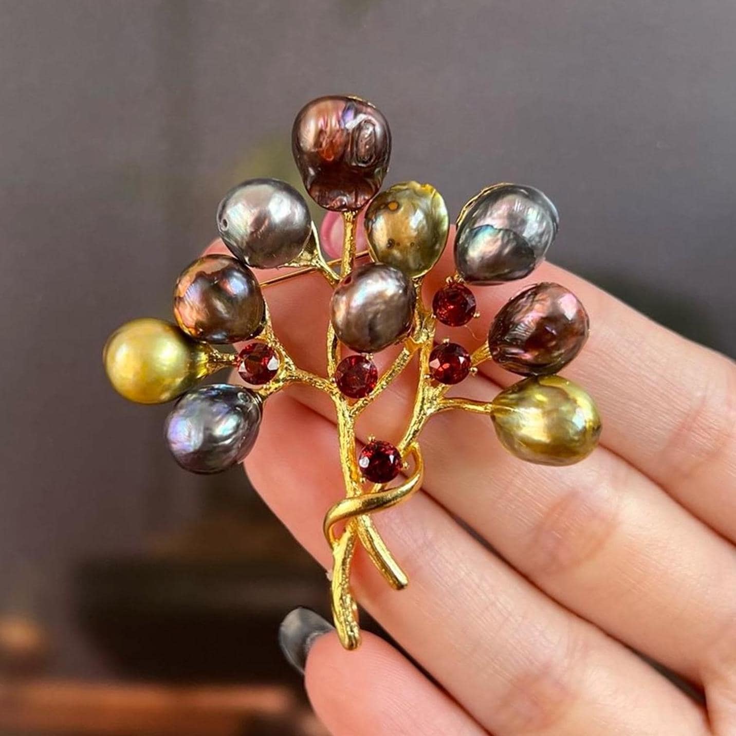Natural Red Garnet Pearls Tree Brooch in Gold Plated Copper unique gift for her handmade mother's day gift Spirit Elegant Grace Beauty Lady
