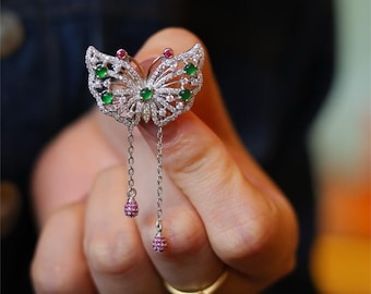 Natural Authentic Jade Butterfly Brooch in gold Plated Silver Hand-Painted Hollow out unique gift for her/handmade brooch mother&#39;s day gift