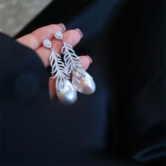 Orecchini Pendenti Con Perla Barocca In Argento 925 Placcato Oro 14k - Perle D'Acqua Dolce - Gioielli Donna