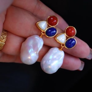 Natural Baroque freshwater pearls with red agate, Lapis Lazuli  studs/ unique pearl gift for her/ French style Vintage trendy anniversary