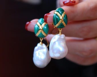 Natural Baroque Pearls Malachite with Gold plated silver dangle rings unique gift for her/handmade mother&#39;s day gift/trendy anniversary