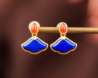 Lapis Lazuli & Red Agate Earrings: Gold Plated Sterling Silver