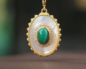 Natural Malachite Pendant Necklace White Shell with gold plated silver unique gift for her handmade mother&#39;s day gift Noble Classic Vintage