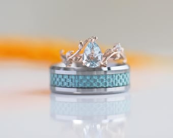 Aquamarine Wedding Set: Carbon Fiber Tungsten Band, Rose Gold Filled Silver Ring