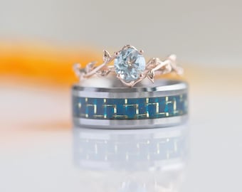 Aquamarine Ring Set: Rose Gold Filled Silver, Carbon Fiber Tungsten Band