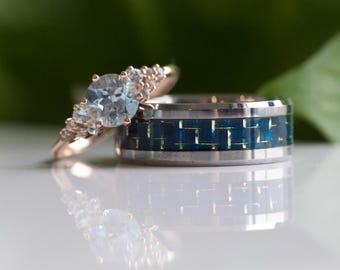 Unique blue carbon fiber tungsten band natural aquamarine ring in rose gold filled silver/Unique aquamarinel wedding set/silver bridal set