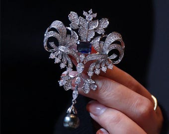 Natural Tahitian Black Pearl Brooch Victorian style in Silver unique gift for her/handmade brooch mother&#39;s day gift Classic Noble elegant