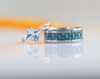 Aquamarine Wedding Ring Set: Rose Gold Filled, Carbon Fiber Tungsten Band