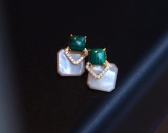 Natural Malachite with White Shell Earrings in gold plated s925 silver/unique handmade genuine malachite jewelry/affordable real jewelry