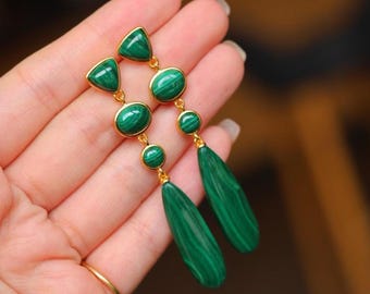 Natural Malachite Earrings Dangles in gold plated s925 silver/unique handmade genuine malachite jewelry/affordable real jewelry/best gift