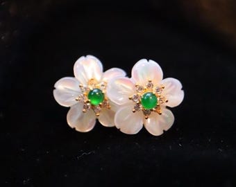 Natural Authentic Jadeite Jade with White Pearl Earrings gold plated silver unique Jade earrings gift for her /handmade mother&#39;s gift trendy