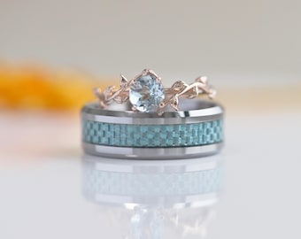 Aquamarine Wedding Set: Carbon Fiber Tungsten Band, Rose Gold Silver Ring