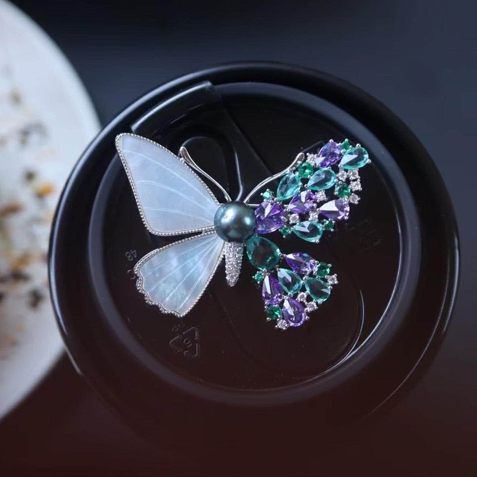 Tahitian Pearl Butterfly Brooch: Crystal & Shell, Gold Plated