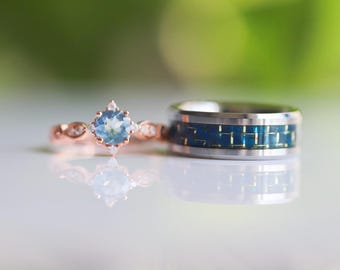 Aquamarine Ring Set: Rose Gold Filled Silver & Blue Carbon Fiber Tungsten Band