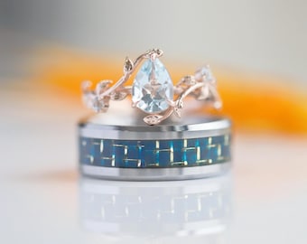 Aquamarine Wedding Ring Set: Rose Gold Filled Silver, Blue Carbon Fiber Tungsten Band