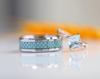 Aquamarine Wedding Set: Carbon Fiber Tungsten Band, Rose Gold Filled Silver Ring