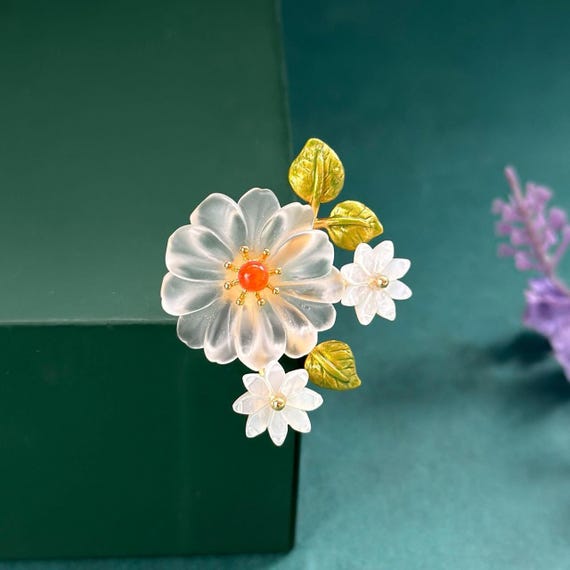 Gold Plated Silver Crystal Daisy Brooch Handmade Floral Pin