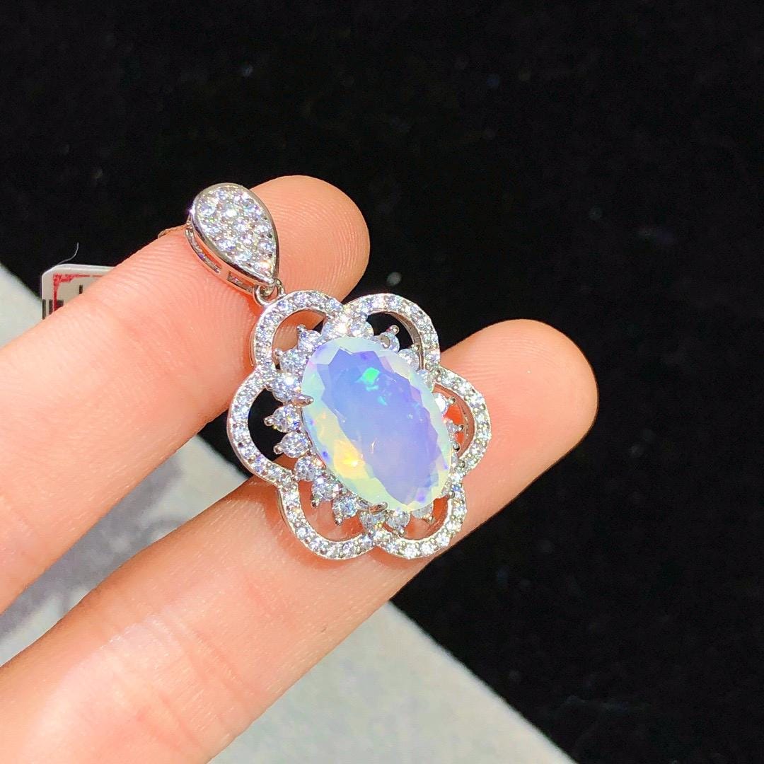 Blue Fire Opal Necklace: Rainbow Flash Sterling Silver Pendant - Etsy