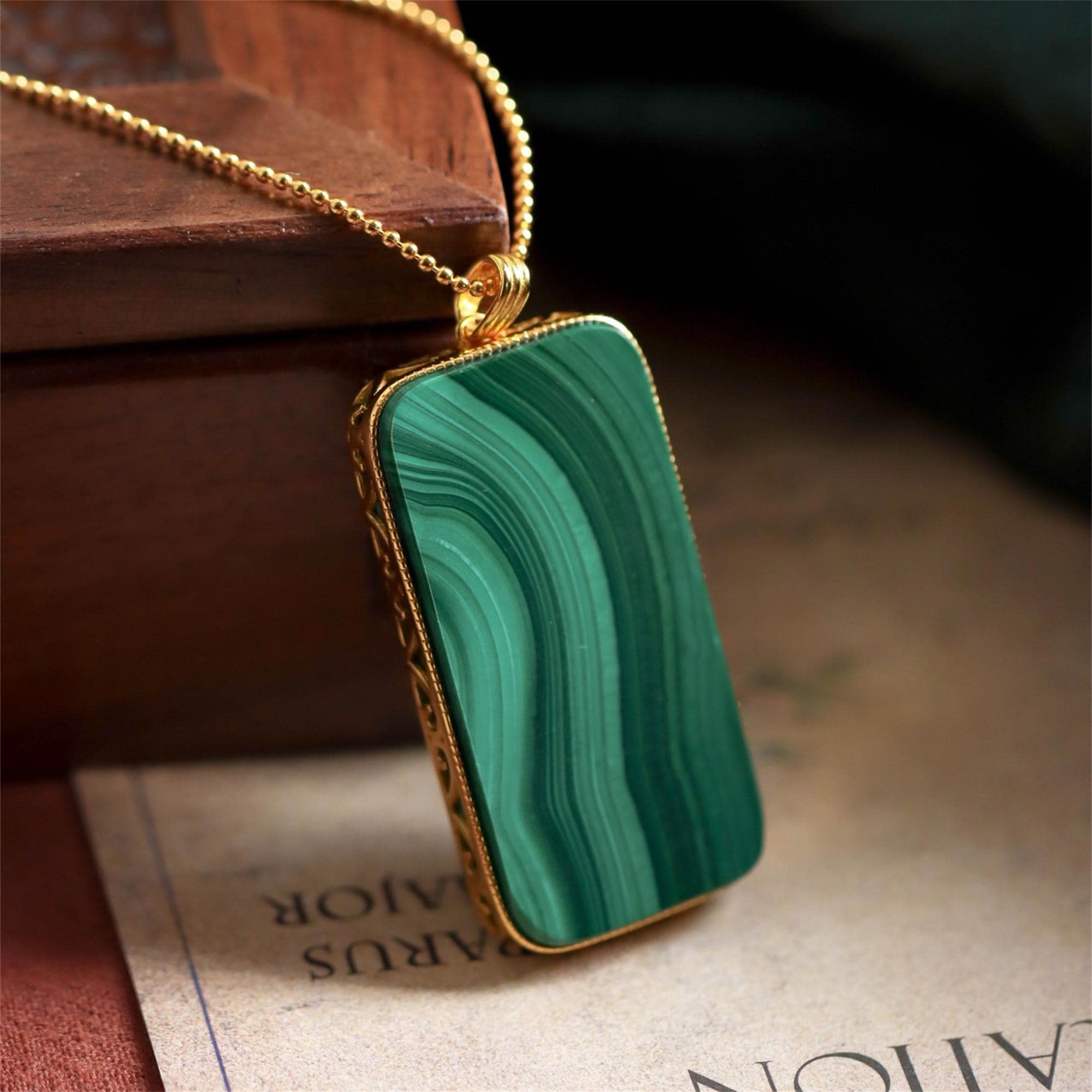 Natural Malachite Pendant Necklace in gold plated silver unique gift for her handmade monther' day gift eye catching minimalist stunning