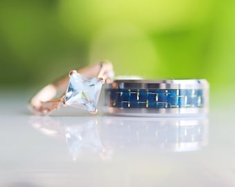 Aquamarine Wedding Ring Set: Blue Carbon Fiber Tungsten Band, Rose Gold Filled Silver