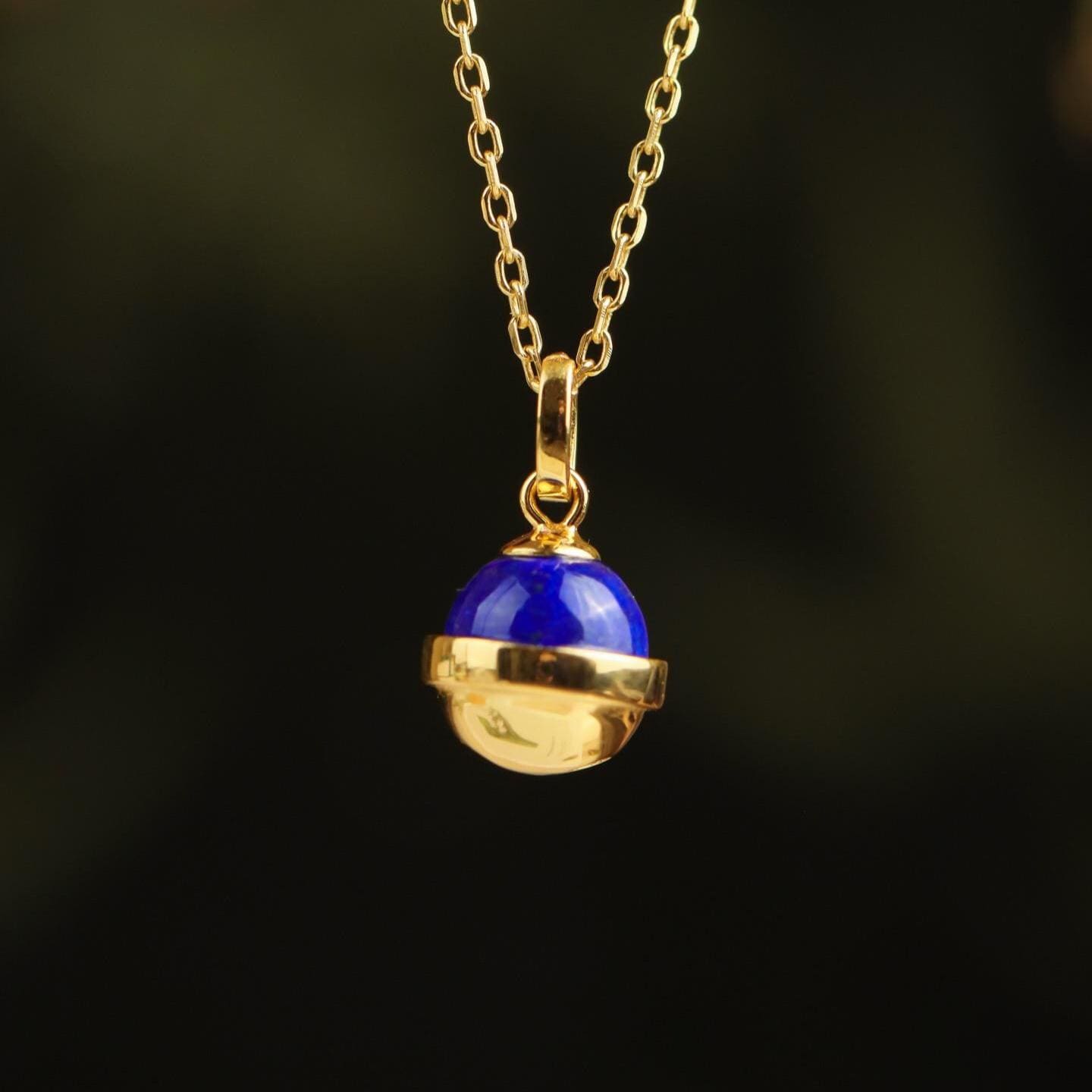 Lapis Lazuli Jingle Bell Pendant Necklace: Gold Plated Sterling 