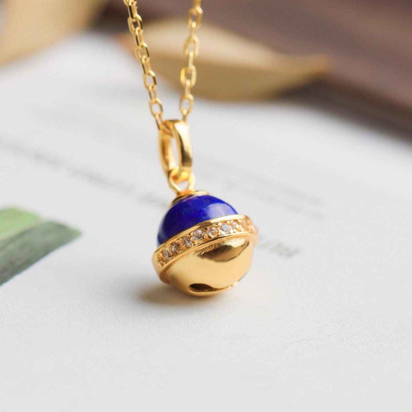 Lapis Lazuli Jingle Bell Pendant Necklace: Gold Plated Sterling 