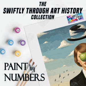 May include: A paint-by-numbers kit from the "Swiftly Through Art History Collection." The image shows paint pots, brushes, and a painting of a surrealist artwork. The painting depicts a sky with clouds and a figure with an apple.