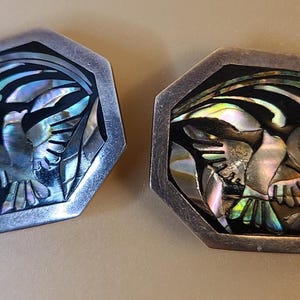 Vintage Sterling Silver Mexico Signed Abalone Inlay Bird and Flower Clip On Earrings