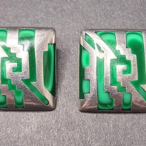 Vintage Sterling Silver Mexico Malachite Clip On Earrings
