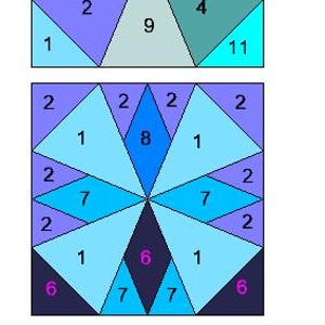 May include: Two square quilt block patterns featuring geometric designs in shades of blue, teal, and gray. Each section is marked with a number, including 1, 2, 4, 6, 7, 8, 9, and 11, indicating specific color placements for the fabric pieces.