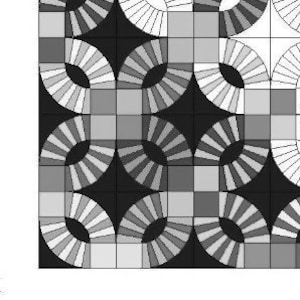 Peut inclure: Un motif de courtepointe noir et blanc avec une grille de cercles et de demi-cercles. Le motif est composé de rangées alternées de cercles noirs et blancs, les demi-cercles comblant les espaces entre les cercles.