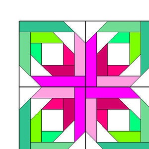 May include: A quilt block pattern with a repeating design of squares and rectangles in shades of green, pink, and white.