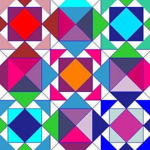 Könnte beinhalten: Ein farbenfroher Quiltblock-Muster mit einer Vielzahl von geometrischen Formen, darunter Quadrate, Dreiecke und Rauten. Der Quiltblock besteht aus verschiedenen Farben, darunter Rot, Blau, Grün, Lila, Orange und Pink.