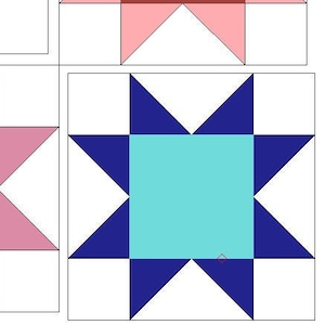 May include: Four quilt blocks with a star design. The first block has a white center with a navy blue star. The second block has a brown center with a pink star. The third block has a brown center with a pink star. The fourth block has a light blue center with a navy blue star.
