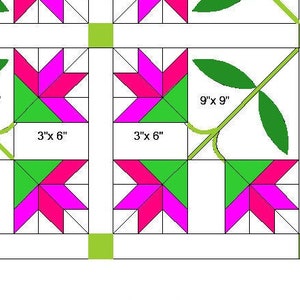 May include: A quilting pattern for a 15-inch block with a 2-inch sashing. The pattern features a pink and green flower design with a 9x9 inch block, a 3x6 inch block, and a 2x6 inch block.