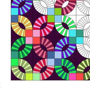 May include: A colourful quilt pattern with a grid of squares and circles. The circles are arranged in a spiral pattern and are filled with different colours, including red, blue, green, and yellow. The squares are filled with solid colours, including pink, teal, and light green.