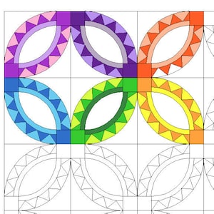 May include: A quilt pattern featuring a repeating design of interlocking circles with scalloped edges. The centre of the quilt is a colourful block with pink, purple, blue, green, yellow and orange circles. The rest of the quilt is white.