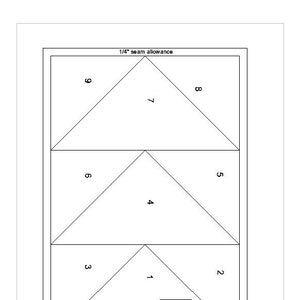 May include: Diagram for a 6-inch by 9-inch quilt block called "Blue Hamster". The diagram shows nine triangles arranged in three rows. Each triangle is numbered 1 through 9. A 1-inch square is labelled "test sq".