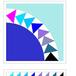 Puede incluir: Un patrón de bloque de colcha con un fondo azul y un semicírculo de triángulos en varios colores, incluyendo rosa, azul, morado y verde azulado. Los colores están dispuestos en un patrón de degradado, comenzando con rosa y terminando con verde azulado. El patrón de bloque de colcha está rodeado por un borde blanco.