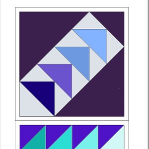 Könnte beinhalten: Ein Quiltblockmuster mit einem Farbschema aus Lila, Blau und Grau. Der Block besteht aus Dreiecken, die in einem diagonalen Muster angeordnet sind. Das zweite Bild zeigt eine Reihe von drei Dreiecken in den Farben Türkis, Türkis und Hellblau auf einem violetten Hintergrund.