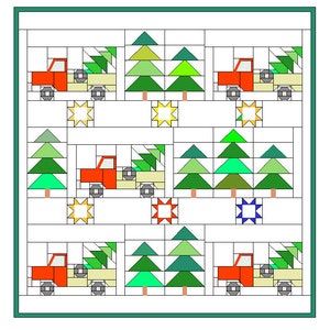Pode incluir: Um bloco de colcha com design de caminhões vermelhos transportando árvores de Natal verdes. Os caminhões têm rodas brancas e faróis amarelos. As árvores são feitas de triângulos verdes, verde claro e amarelos. O fundo é branco com linhas pretas.