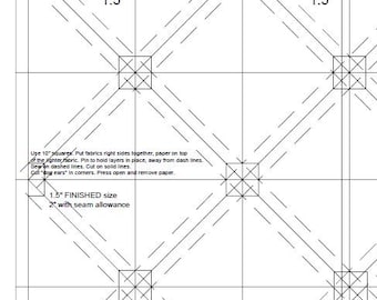 HST 1 1/2" do druku w formacie PDF. Kwadraty 10". Zrób 32 na raz. Wzór do patchworku z papieru bazowego. Siatka trójkątów połówek kwadratu.