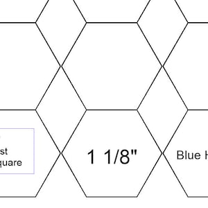 May include: A black and white diagram of a honeycomb pattern with three hexagons labeled. The left hexagon is labeled "1" test square", the middle hexagon is labeled "1 1/8"