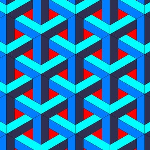 Op de afbeelding: Abstract geometrisch patroon met herhalende blauwe, turquoise en rode vormen. Het patroon creëert een optische illusie van diepte en dimensie.
